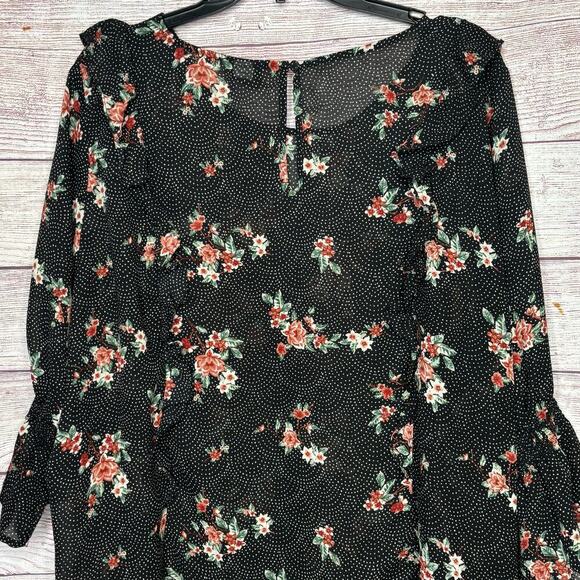 Torrid Black Polka Dot Floral Ruffle Semi Sheer Blouse Top Size 3 - Picture 3 of 9